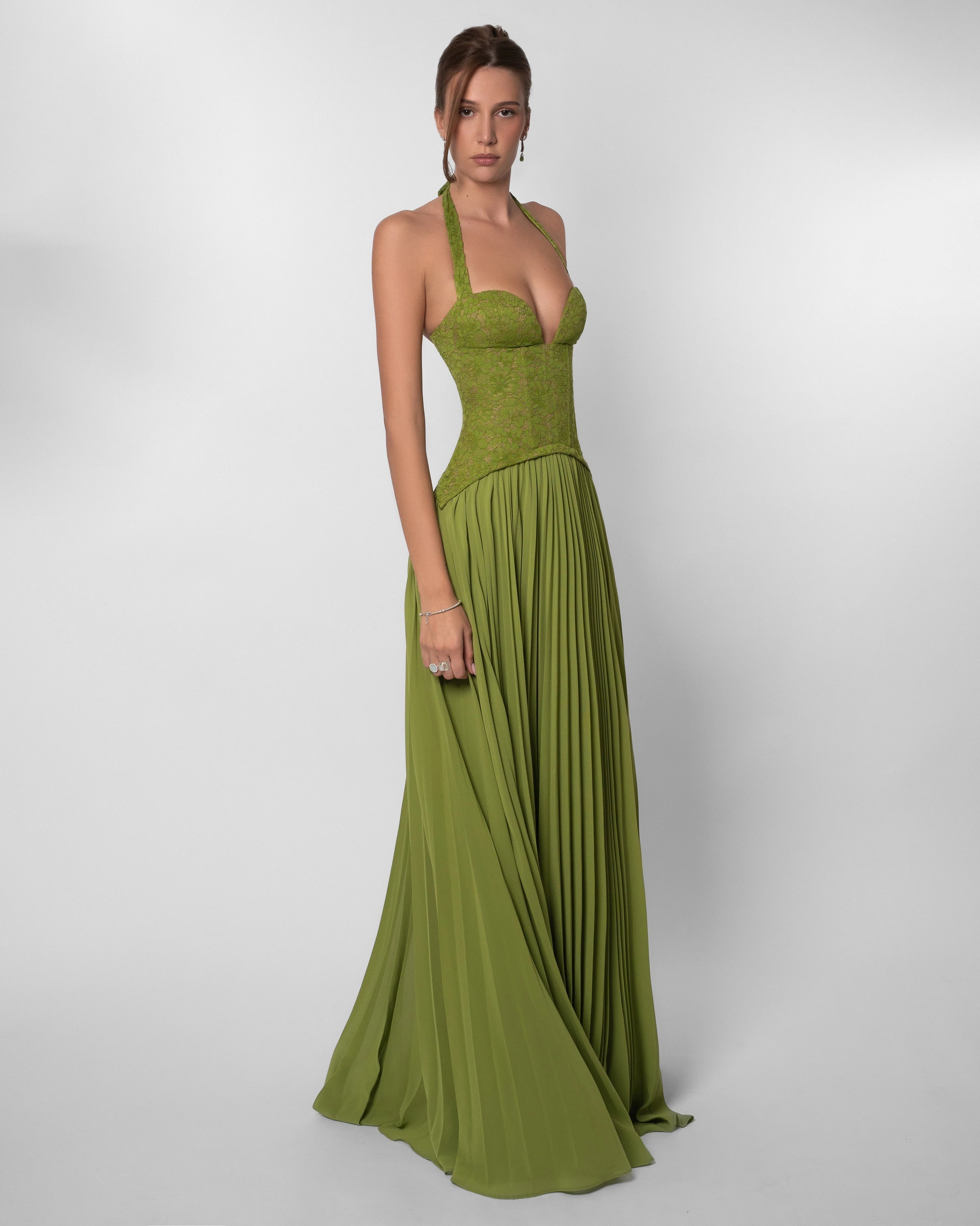 Langes Jacquard-Kleid – schmale Träger und Schnürung am Rücken
