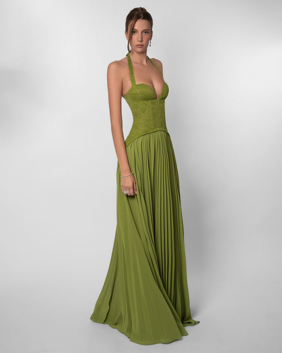 Langes Jacquard-Kleid – schmale Träger und Schnürung am Rücken
