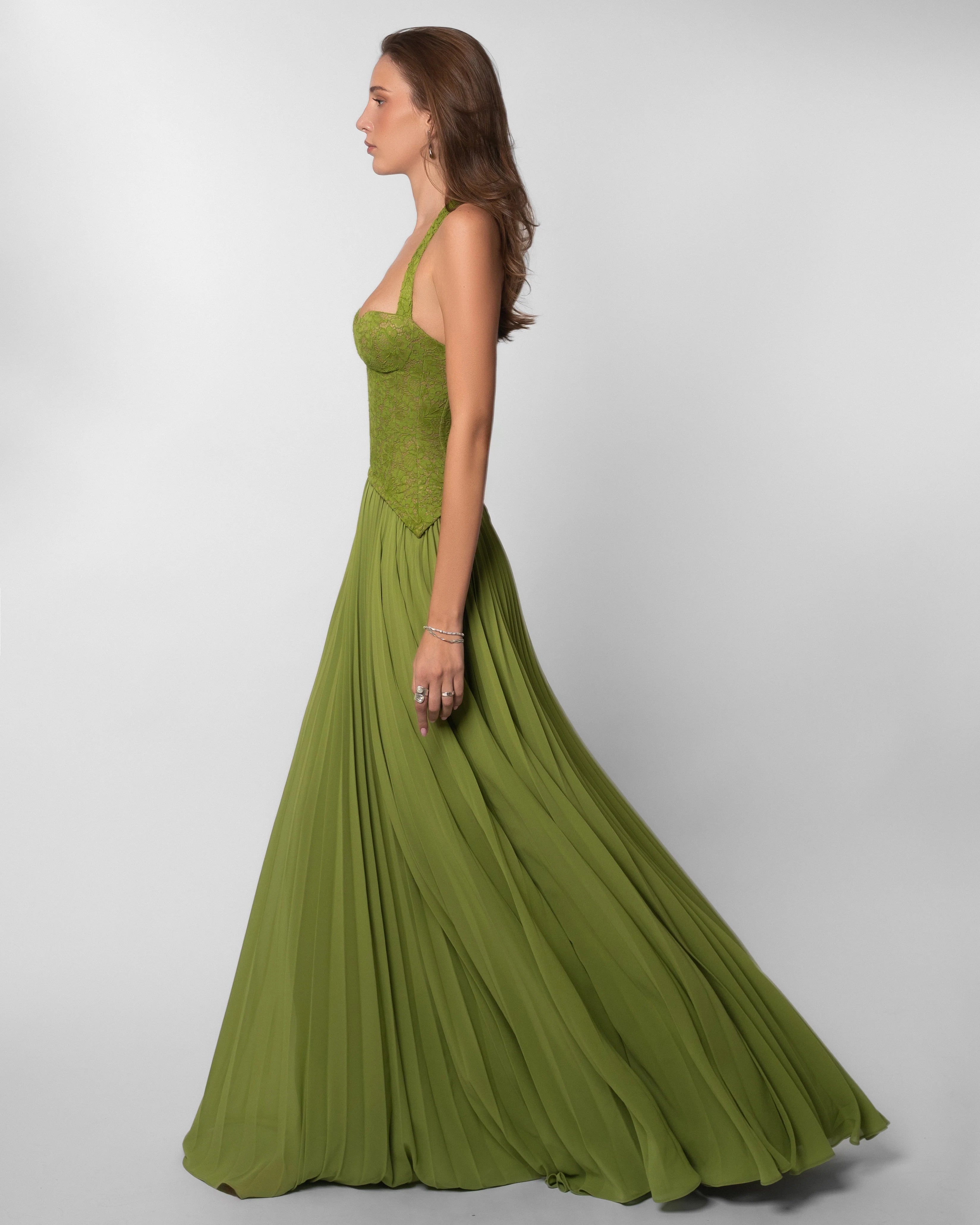 Langes Jacquard-Kleid – schmale Träger und Schnürung am Rücken