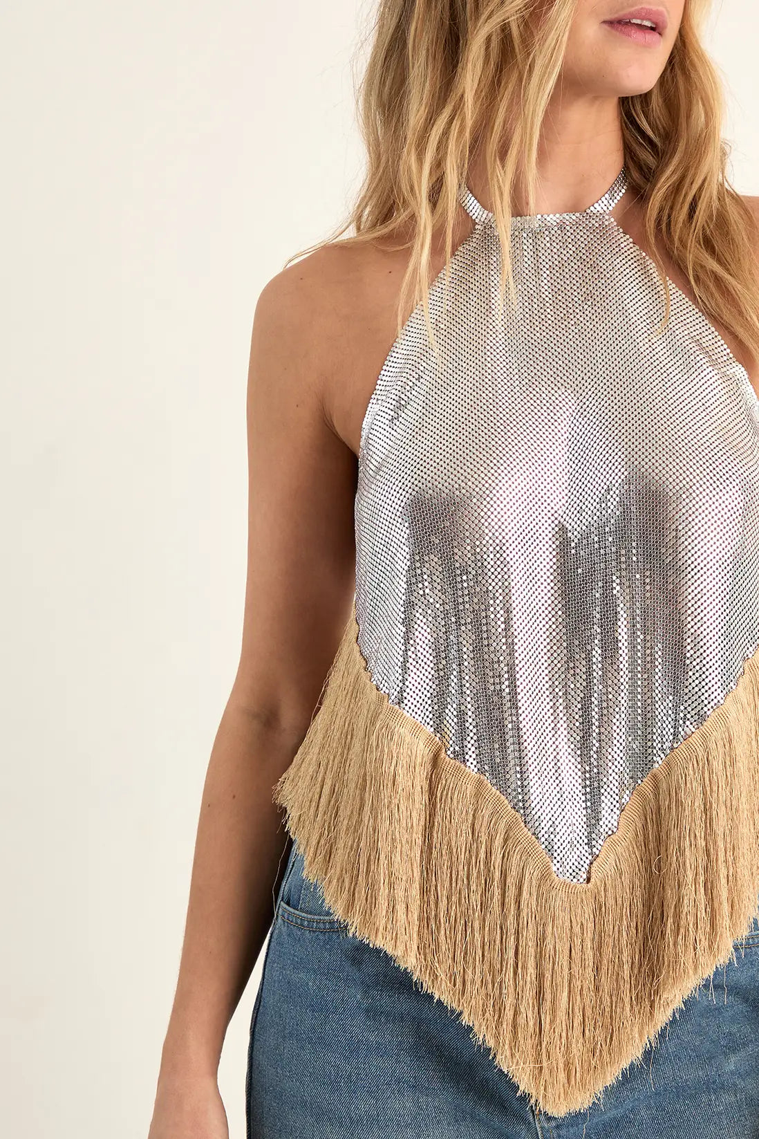 High-Neck Halter Top with Fringes in Metallic Knit