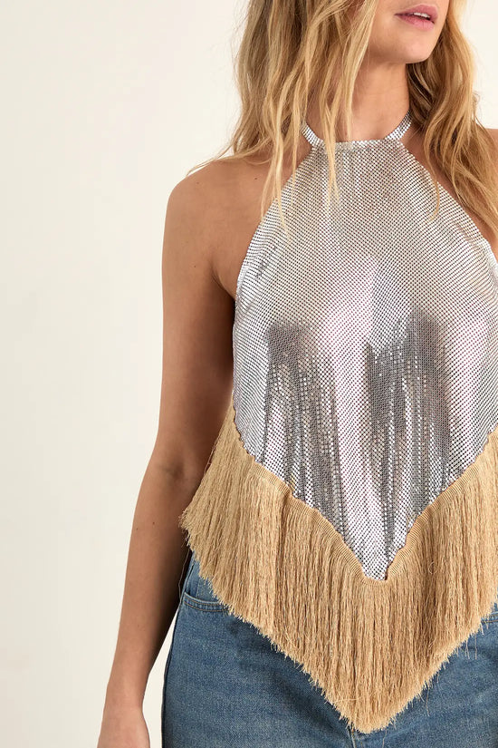High-Neck Halter Top with Fringes in Metallic Knit